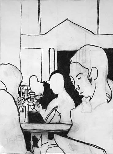 Starbucks Lunch Crowd;
charcoal on paper, 24 x 18" Starbucks Lunch Crowd;
charcoal on paper, 24 x 18"